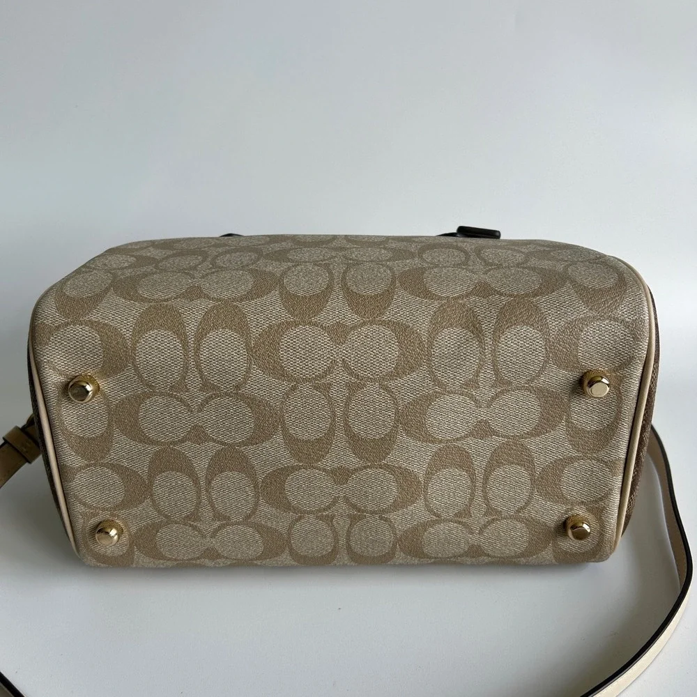Coach Rowan Satchel Khaki Chalk Signature Canvas Leather Bag Excellent‎